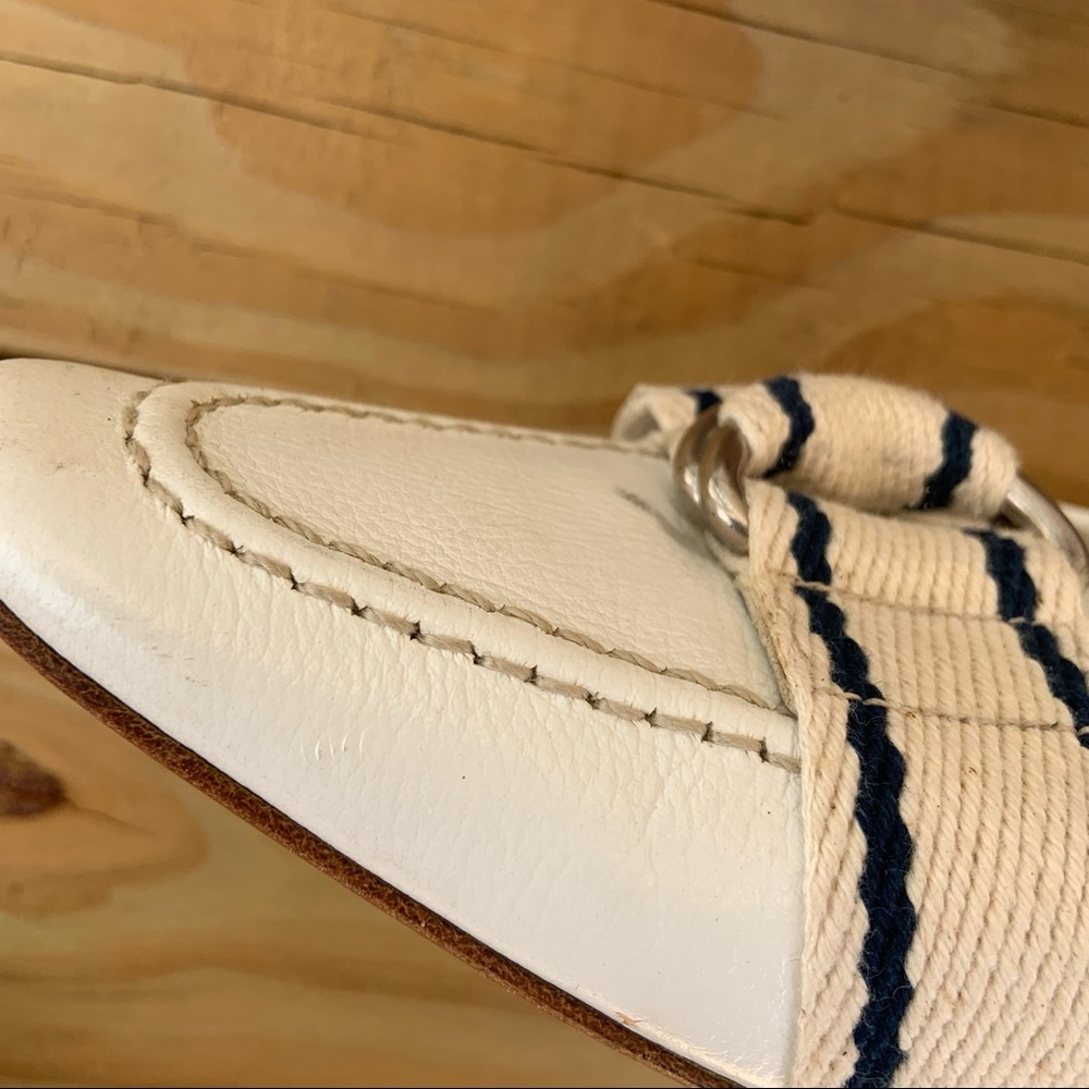 Miu Miu by Prada White Navy Blue Stripe Ribbon Heels Shoes Italy 38.5 Leather - Picture 4 of 14